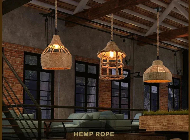 Vintage Pendant Lamp Rural American Retro Creative Personality Hand Knitted Hemp Rope Iron Cafe Living Room Dining Droplight