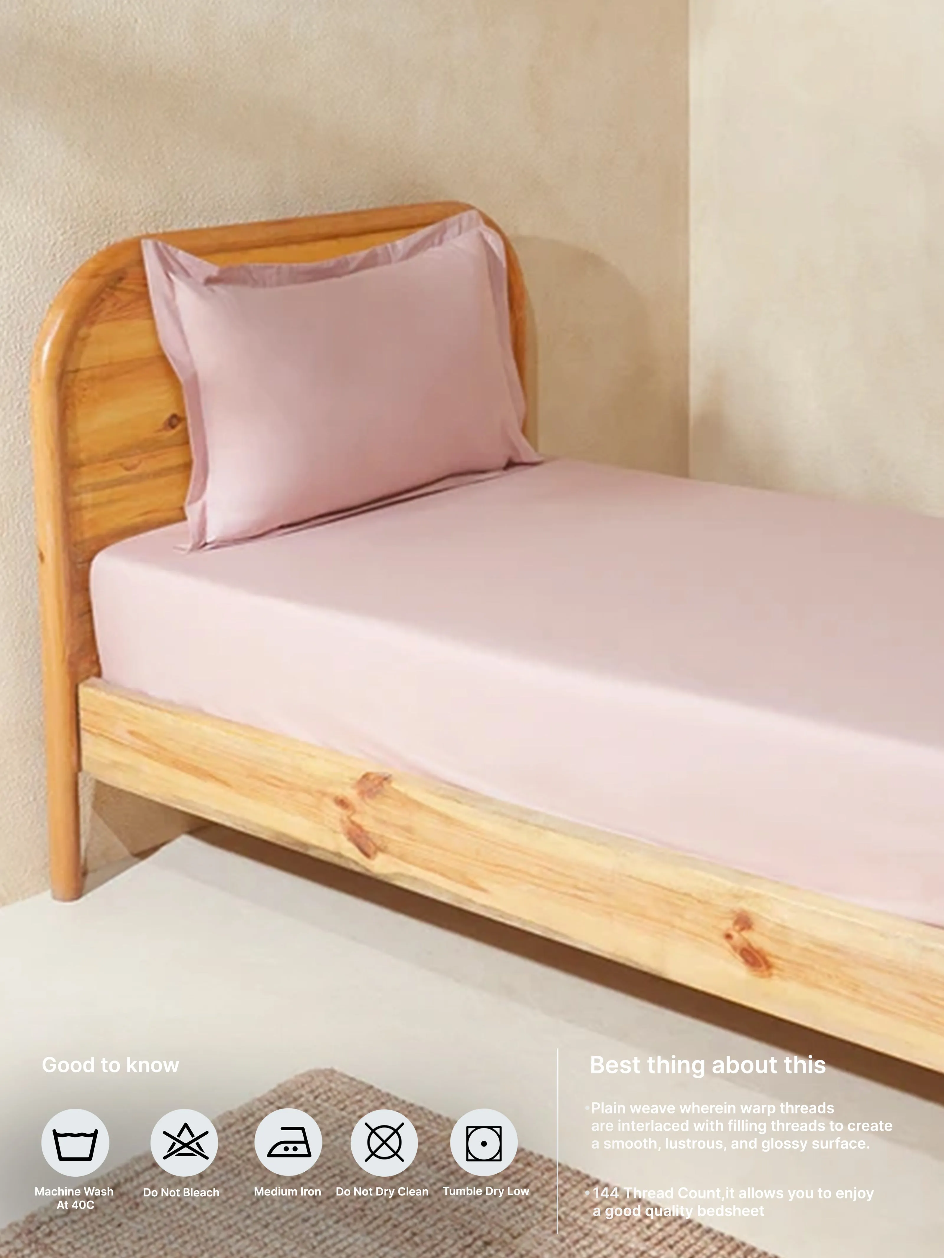 Westside Home Pink Solid Single Bed Fitted Sheet and Pillowcase Set