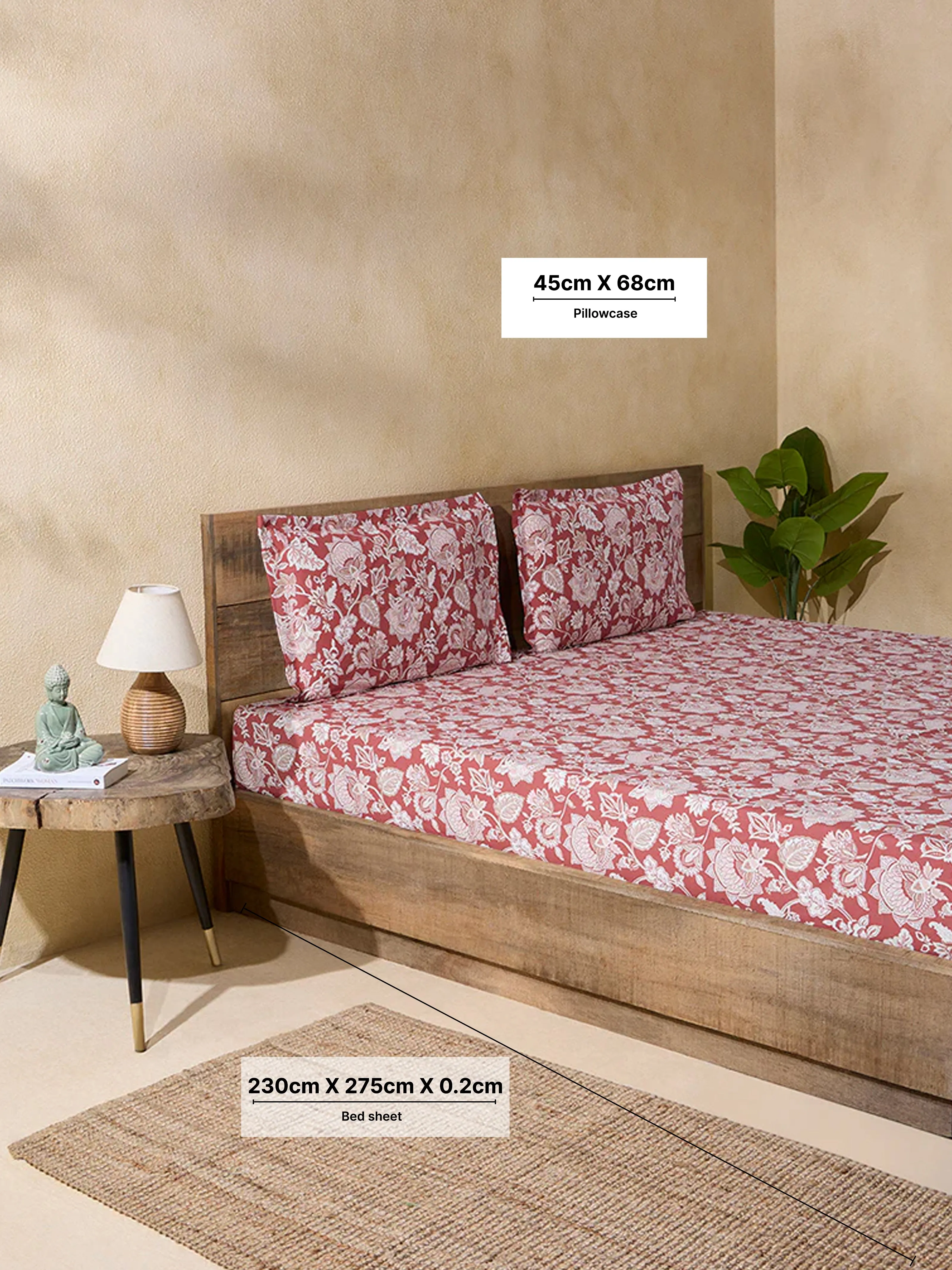 Westside Home Red Floral Print Double Bed Flat Sheet and Pillowcase Set