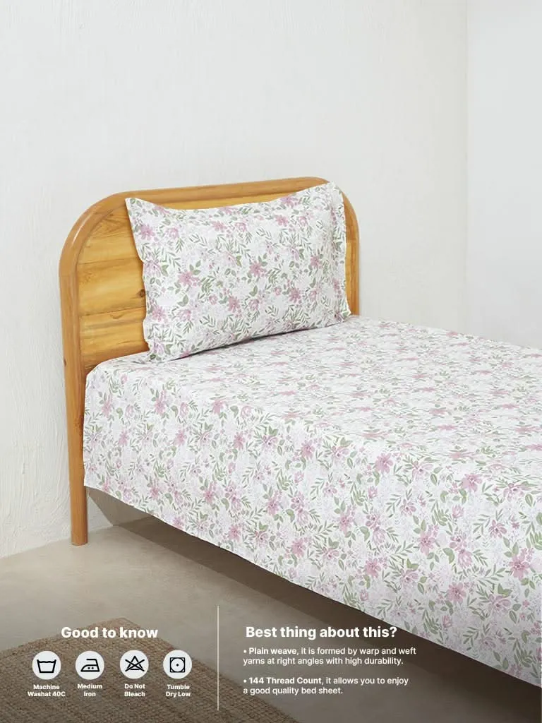 Westside Home Violet Floral Single Bed Flat Sheet and Pillowcase Set