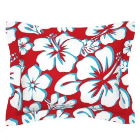 White and Aqua Blue Hibiscus Hawaiian Flowers on Red Pillow Sham