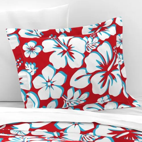 White and Aqua Blue Hibiscus Hawaiian Flowers on Red Pillow Sham