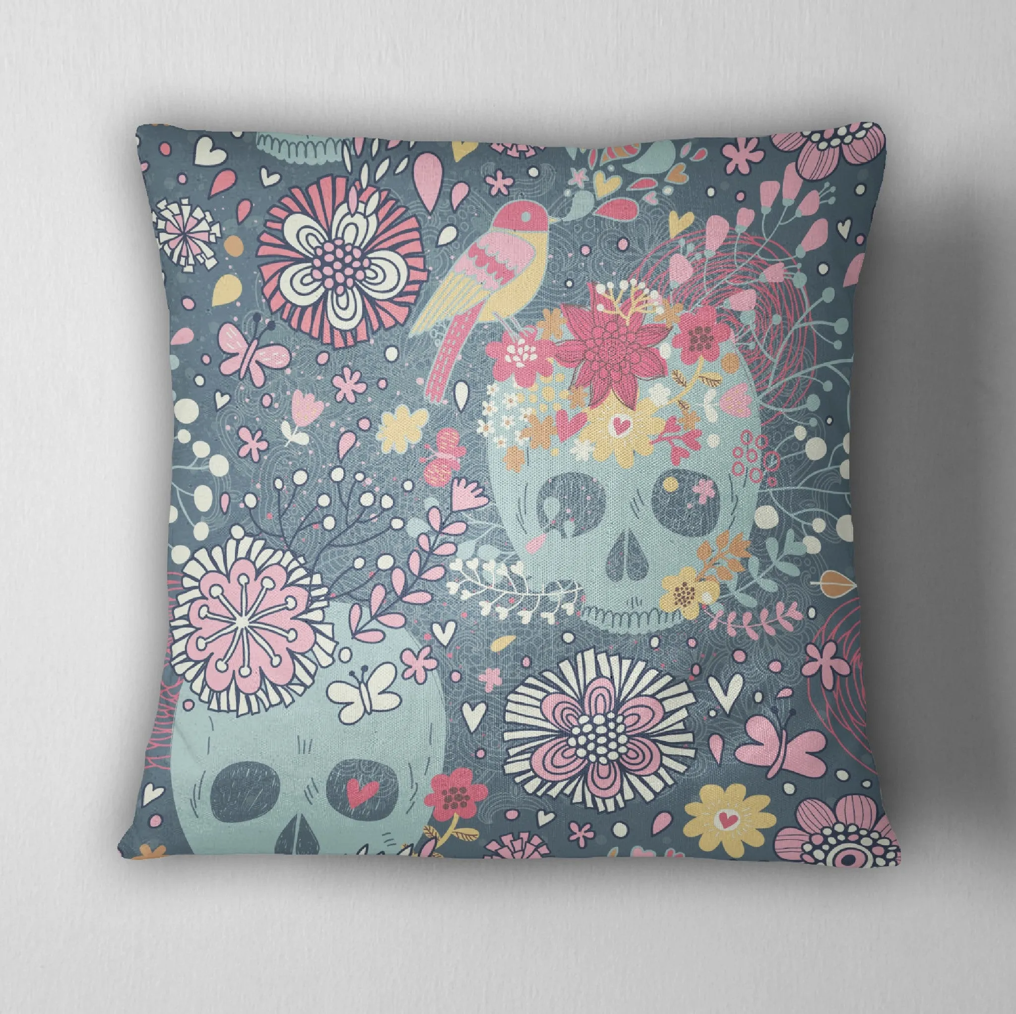 Woodland Flower Skull Throw Pillow