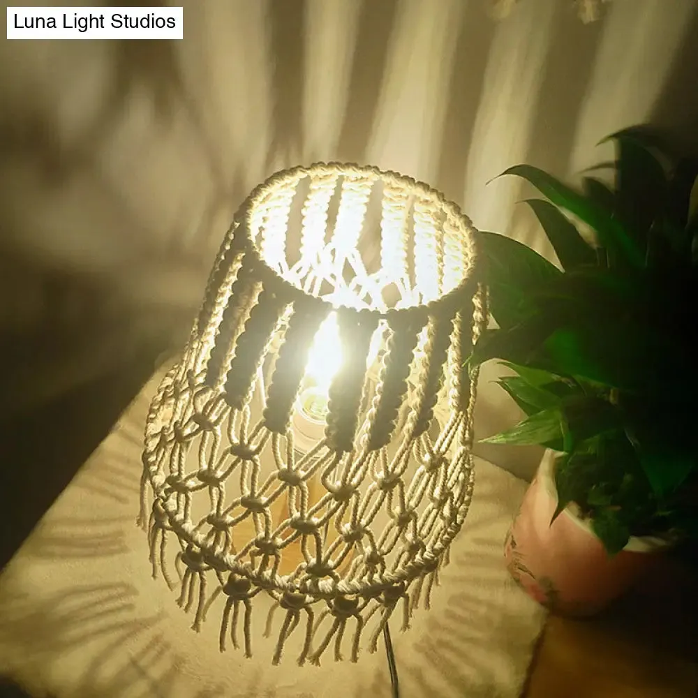 Yellow Handwoven Rope Table Lamp with Tassel Fringe - 1 Head Night Lighting